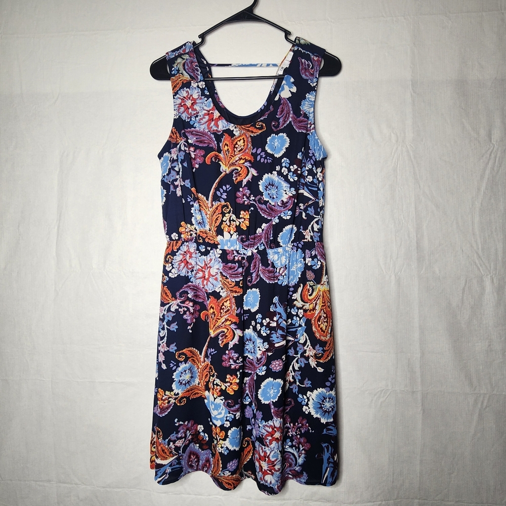 DR2 blue floraly elastic waist dress with little back detail. Lined. Size Large.